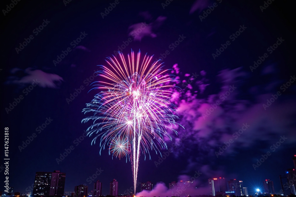 Nighttime fireworks over cityscape in sky Nighttime fireworks over cityscape in sky