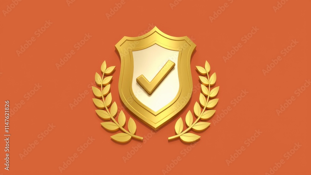 Obraz premium Golden Shield with Checkmark Emblematic of Safety Certification, Surrounded by Laurel Branches on a Solid Background