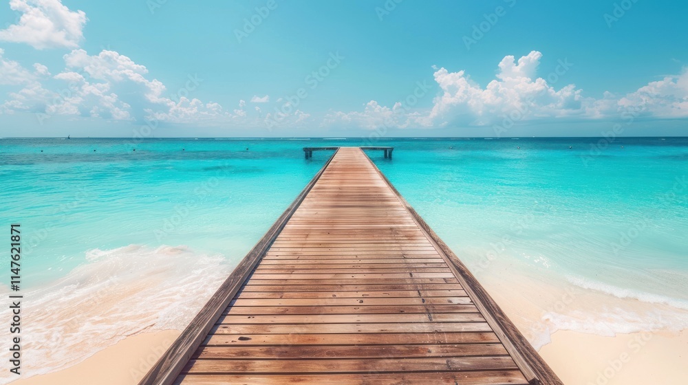 Tranquil wooden pier extending into turquoise ocean Tranquil wooden pier extending into turquoise ocean