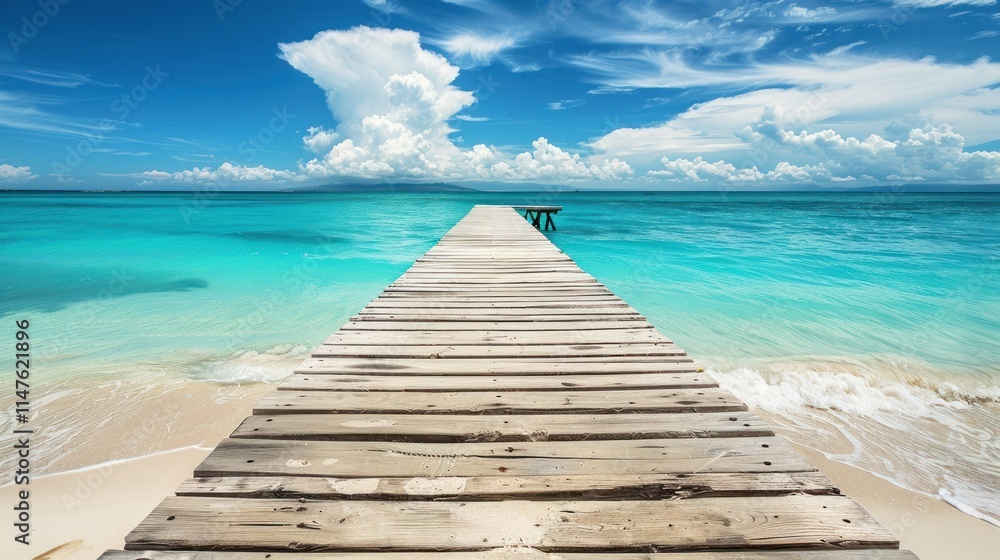 Tranquil wooden pier extending into turquoise ocean, pristine beach, sunny day, perfect getaway. Tranquil wooden pier extending into turquoise ocean, pristine beach, sunny day, perfect getaway.