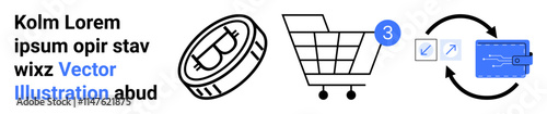 Coin, shopping cart with number 3, and wallet with credit card icons represent digital shopping and payment process. Ideal for financial tech, online retail, e-commerce, digital currencies, shopping