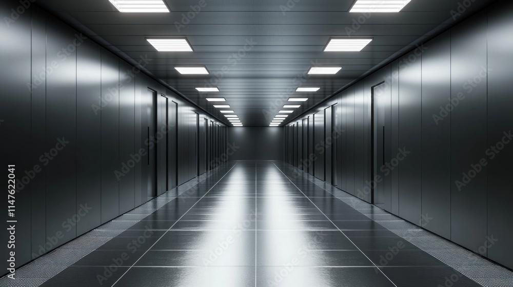 Modern Dark Corridor With Metal Walls And Recessed Lighting Modern Dark Corridor With Metal Walls And Recessed Lighting
