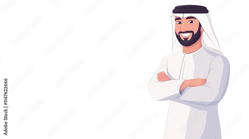 Emirati Man in Traditional Clothing (Thobe, Ghutra, and Agal) Standing Confidently with a Warm Smile on a Clean White Background, Representing Professionalism, Trust, and Cultural Heritage. Emirati Man in Traditional Clothing (Thobe, Ghutra, and Agal) Standing Confidently with a Warm Smile on a Clean White Background, Representing Professionalism, Trust, and Cultural Heritage.