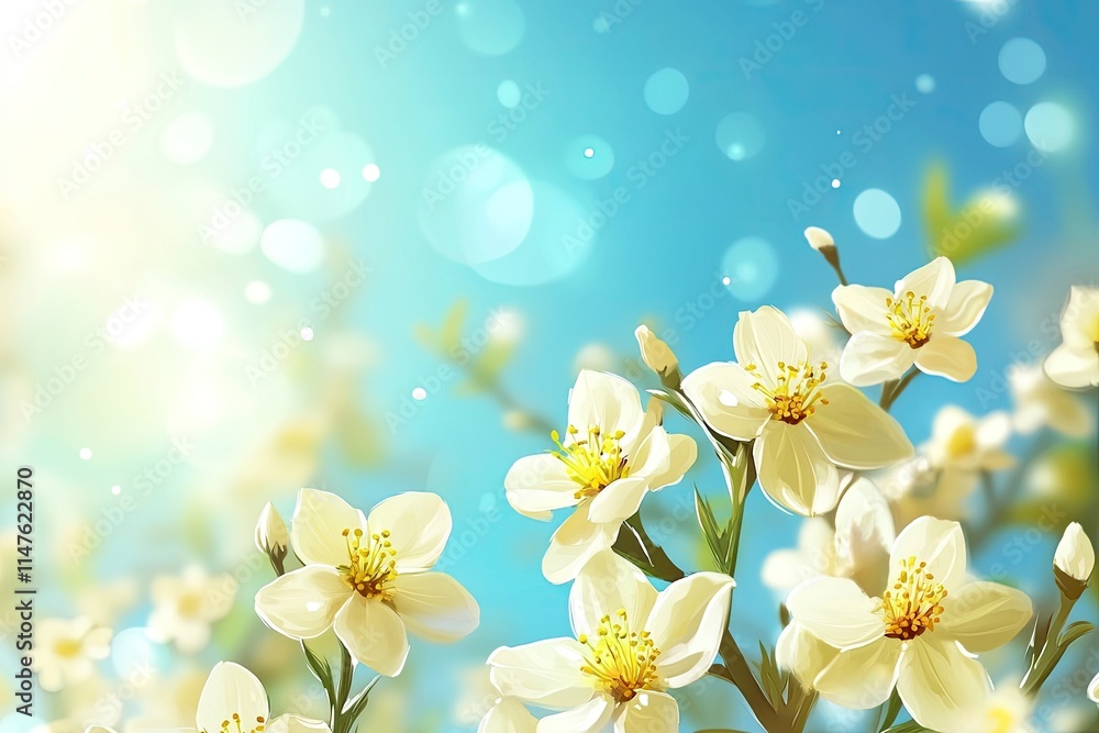 Fototapeta premium Spring background with yellow bloom blossoming under the blue sky 