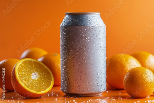 Blank aluminum can with a citrus background, featuring oranges Perfect for branding mockups of beverages like soda, lemonades, or other citrus based drinks Refreshing photo