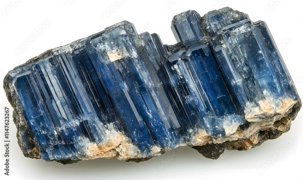 Fototapeta premium Blue kyanite mineral specimen, showing prismatic crystal structure, on white background.