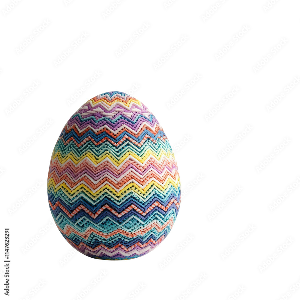 A colorful, patterned Easter egg featuring zigzag designs in vibrant hues of pink, yellow, blue, and green.isolated on white background A colorful, patterned Easter egg featuring zigzag designs in vibrant hues of pink, yellow, blue, and green.isolated on white background
