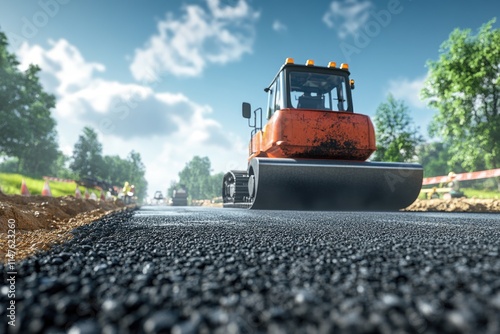 New asphalt road with sound absorbing walls  construction machines. photo