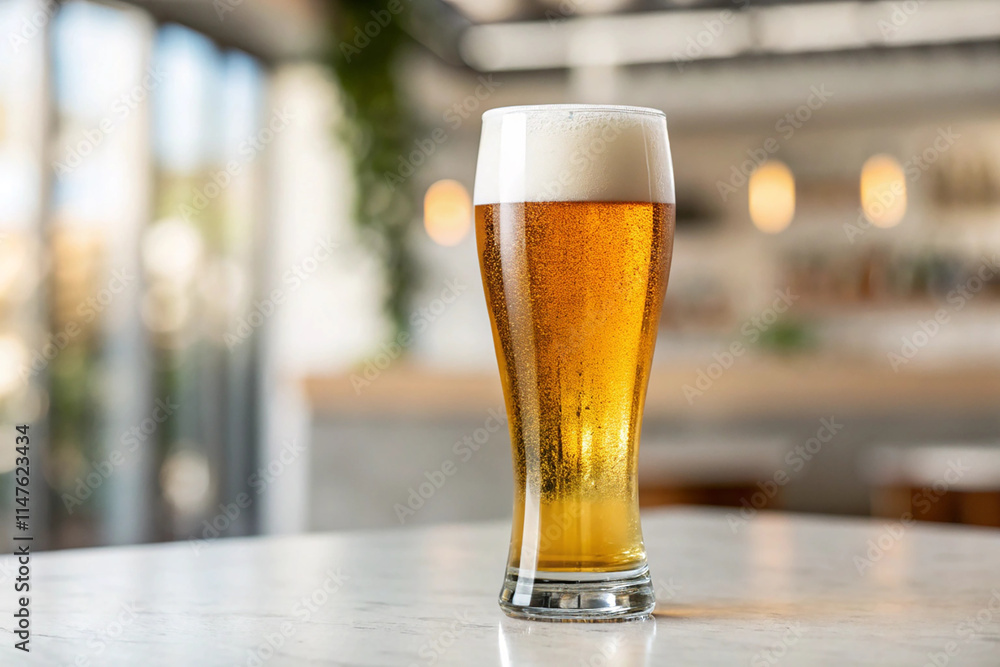 A glass of beer on a light background with selective focus by generative AI A glass of beer on a light background with selective focus by generative AI