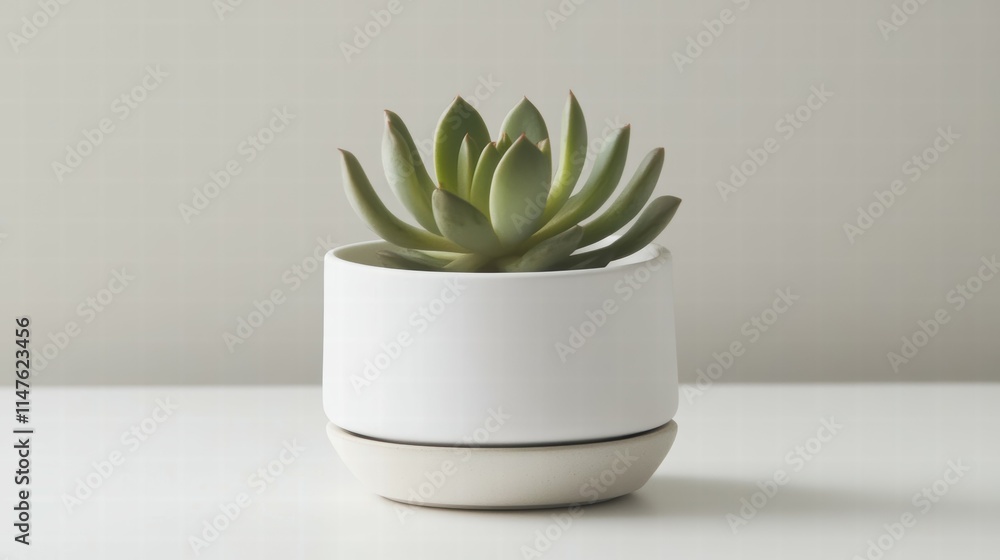 Minimalist White Workspace with Potted Succulent on Clean Surface Minimalist White Workspace with Potted Succulent on Clean Surface