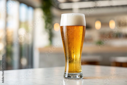 A glass of beer on a light background with selective focus by generative AI