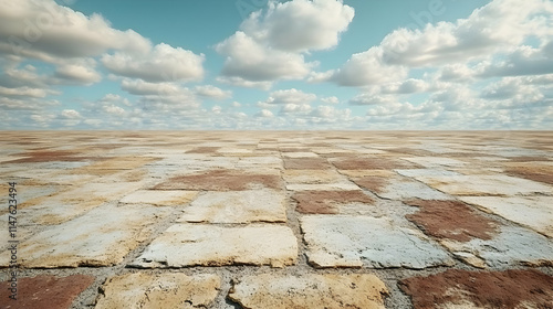 Stone Pavement 3D Background with Clouds in Blue Sky