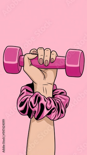 Woman is holding a pink dumbbell with her right hand