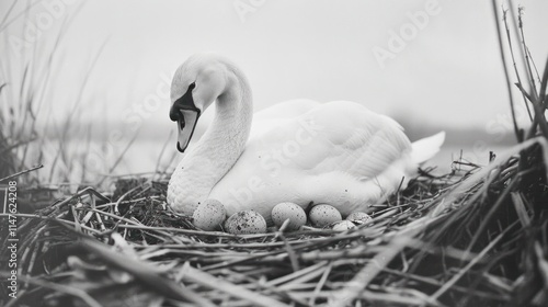 Swan brooding over eggs in a nest.