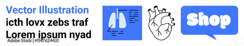 Two blue sections with lungs and medical text on the left, black and white heart in the center, and a blue speech bubble with the word Shop on the right. Ideal for medical services, healthcare