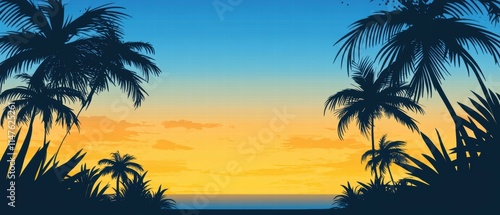 Sunset Gradient Sky with Silhouettes of Palm Trees and Calm Ocean View