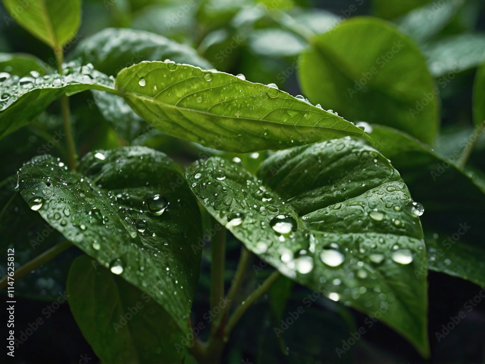 A close-up of fresh green leaves with water droplets, representing eco-friendly and sustainable themes A close-up of fresh green leaves with water droplets, representing eco-friendly and sustainable themes