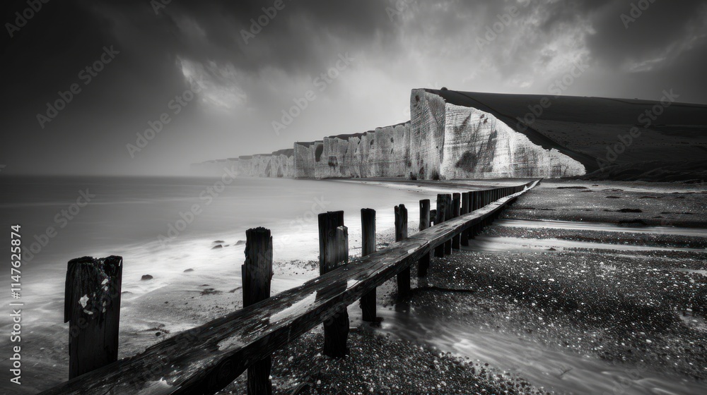 Obraz premium Dramatic coastal landscape with weathered wooden groynes extending into a stormy sea, against a backdrop of towering cliffs.