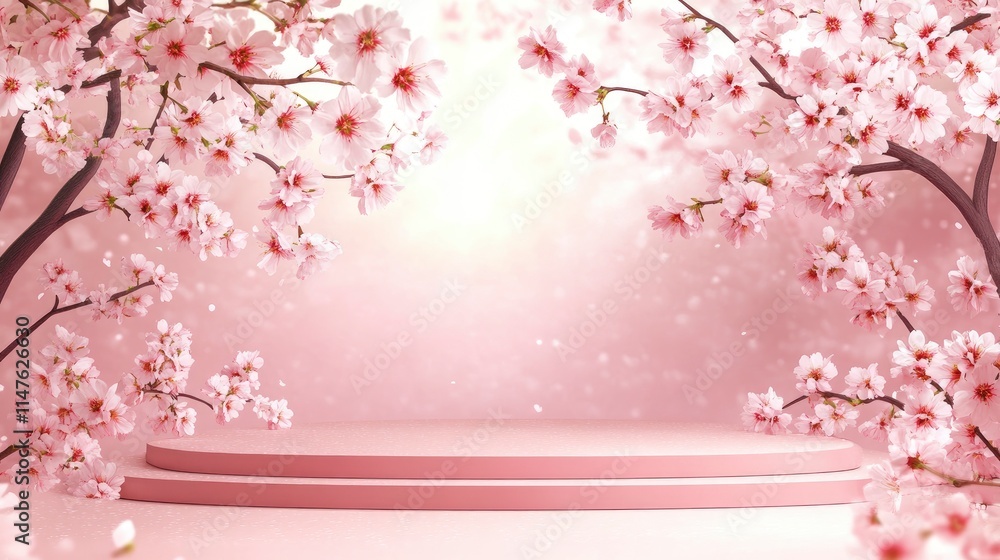 Fototapeta premium Spring background,Studio Room with 3D Podium Display with Cherry Blossoming on Pink Wall Background,Vector illustration backdrop Sakura flower frame border for Mother Day,Valentines,Easter Banner