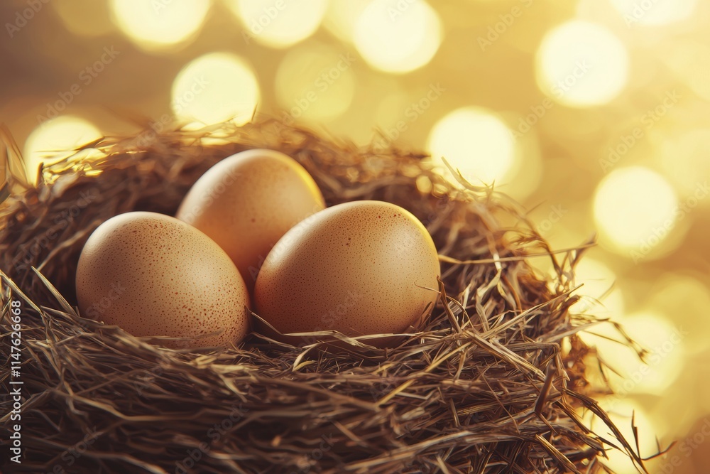 Fresh Brown Eggs Nestled in a Rustic Straw Nest with Soft Glow Fresh Brown Eggs Nestled in a Rustic Straw Nest with Soft Glow
