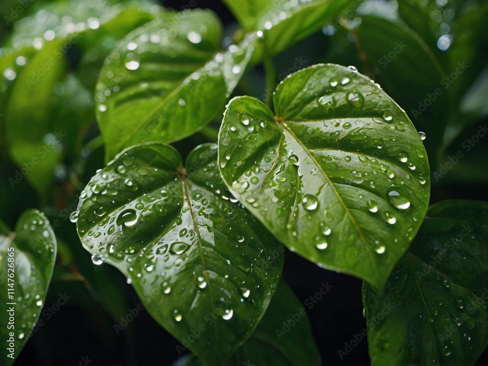 A close-up of fresh green leaves with water droplets, representing eco-friendly and sustainable themes A close-up of fresh green leaves with water droplets, representing eco-friendly and sustainable themes