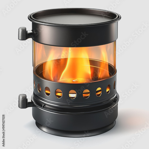 Portable Stove with Flame in Black Metal Design for Outdoor Cooking and Camping High-Quality Stock Photography for Culinary, Adventure, and Lifestyle Projects photo