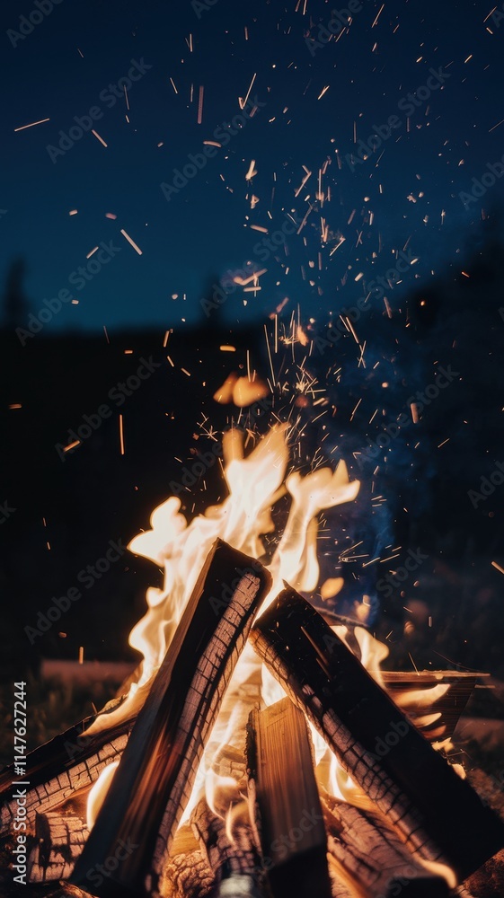 Campfire at Night with Glowing Flames and Flying Embers in Forest Campfire at Night with Glowing Flames and Flying Embers in Forest