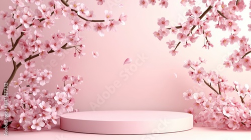 Spring background,Studio Room with 3D Podium Display with Cherry Blossoming on Pink Wall Background,Vector illustration backdrop Sakura flower frame border for Mother Day,Valentines,Easter Banner 