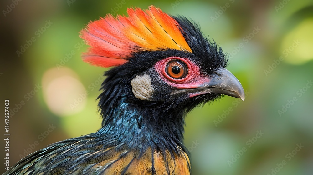 Close-up profile of a vibrant, colorful bird with a striking orange and black crest. Close-up profile of a vibrant, colorful bird with a striking orange and black crest.