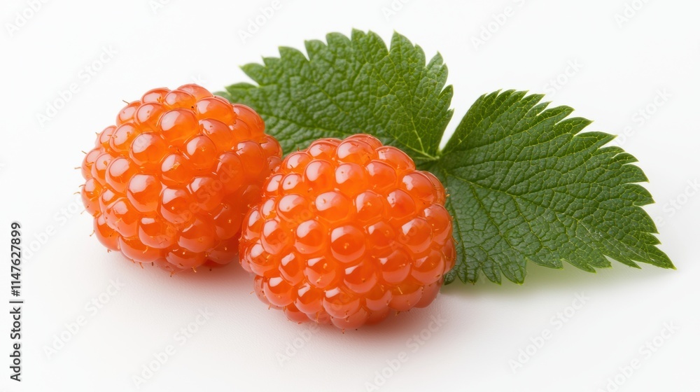 Fresh Orange Raspberries with Green Leaves on White Background Fresh Orange Raspberries with Green Leaves on White Background