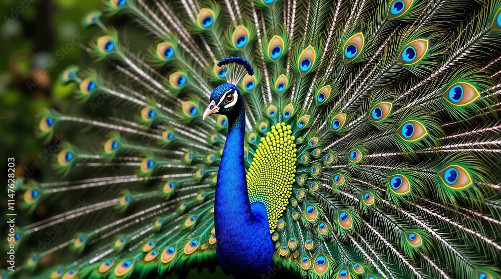 Obraz premium A beautiful peacock with its head held high and its feathers spread out