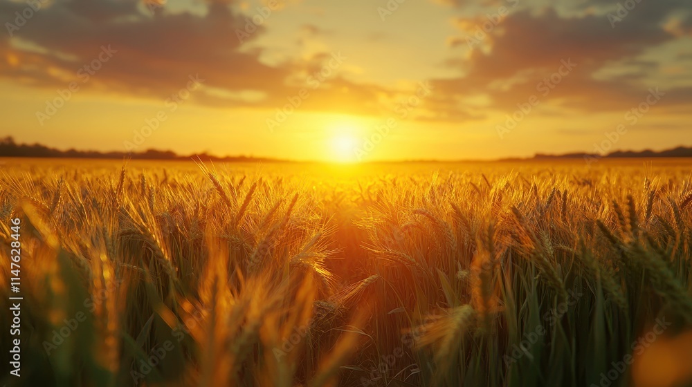 Fototapeta premium Golden wheat field bathed in sunset's glow. Perfect for agriculture, harvest, or nature themes.