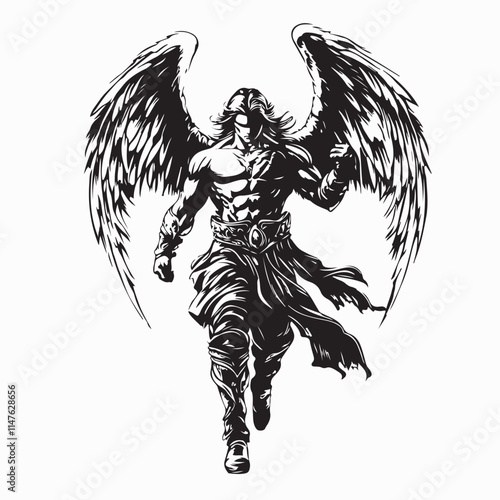 Male Angel Warrior in Dramatic Pose Silhouette vector image isolated on white background.