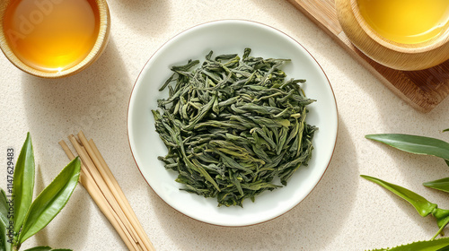 Close-up of green tea leaves and tea set, tea ceremony concept photo