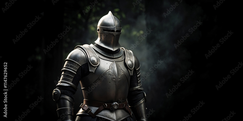 Fototapeta premium A medieval knight in full armor wearing an iron helmet look forward to battle field, A medieval warrior stands in a mysterious and scary forest background at night.