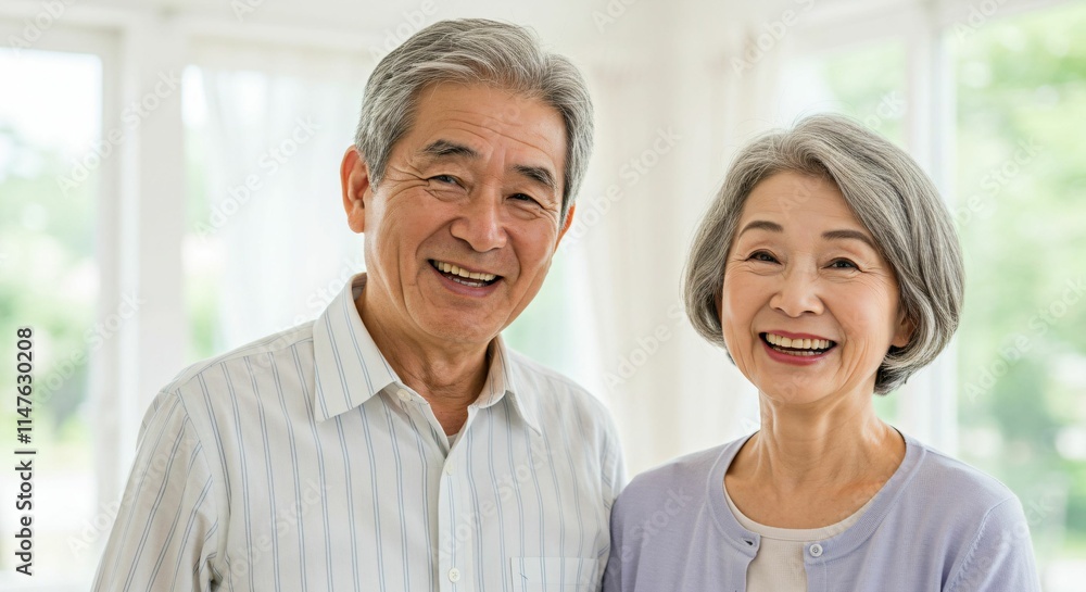 Happy Elderly Japanese Couple Smiling in a Bright and Peaceful Home Setting Happy Elderly Japanese Couple Smiling in a Bright and Peaceful Home Setting