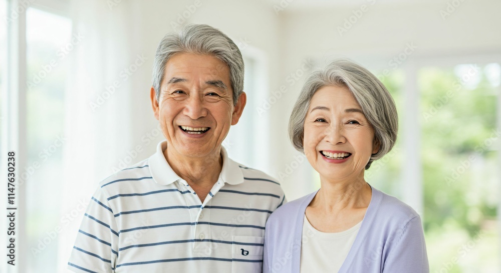 Happy Elderly Japanese Couple Smiling in a Bright and Peaceful Home Setting Happy Elderly Japanese Couple Smiling in a Bright and Peaceful Home Setting