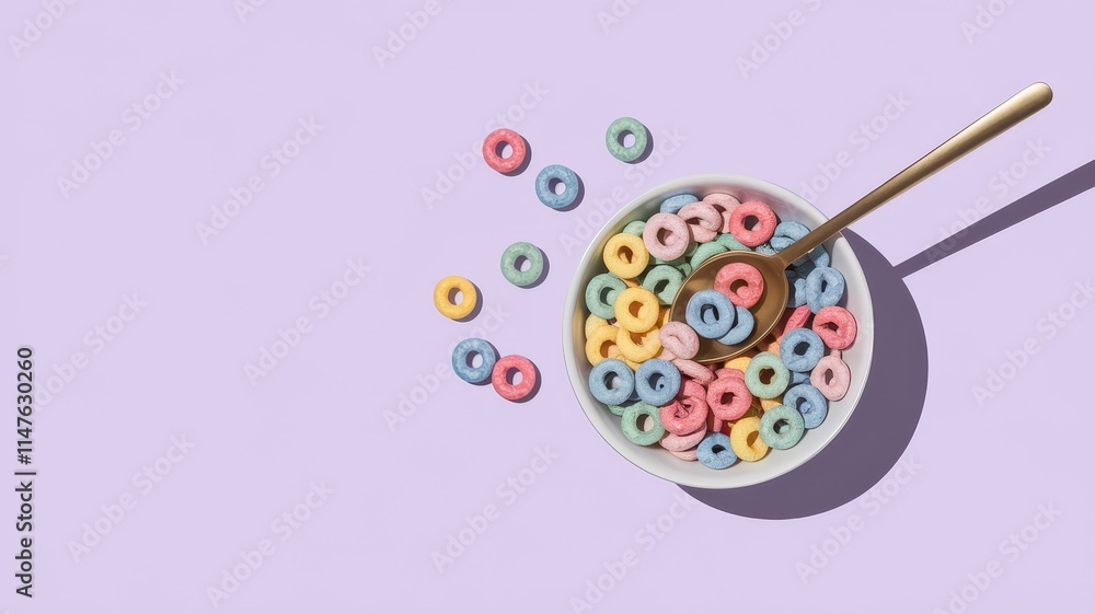 Bowl of colorful cereal with a spoon in it Bowl of colorful cereal with a spoon in it