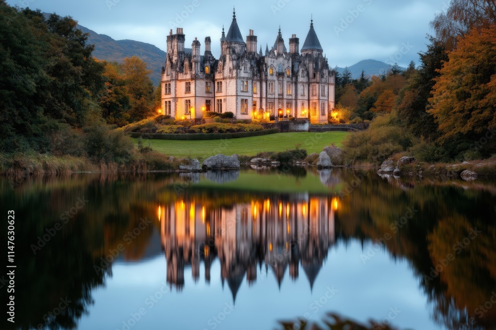A beautifully lit Irish castle at twilight, reflected in a serene lake, surrounded by lush autumn foliage and creating a magical evening ambiance A beautifully lit Irish castle at twilight, reflected in a serene lake, surrounded by lush autumn foliage and creating a magical evening ambiance