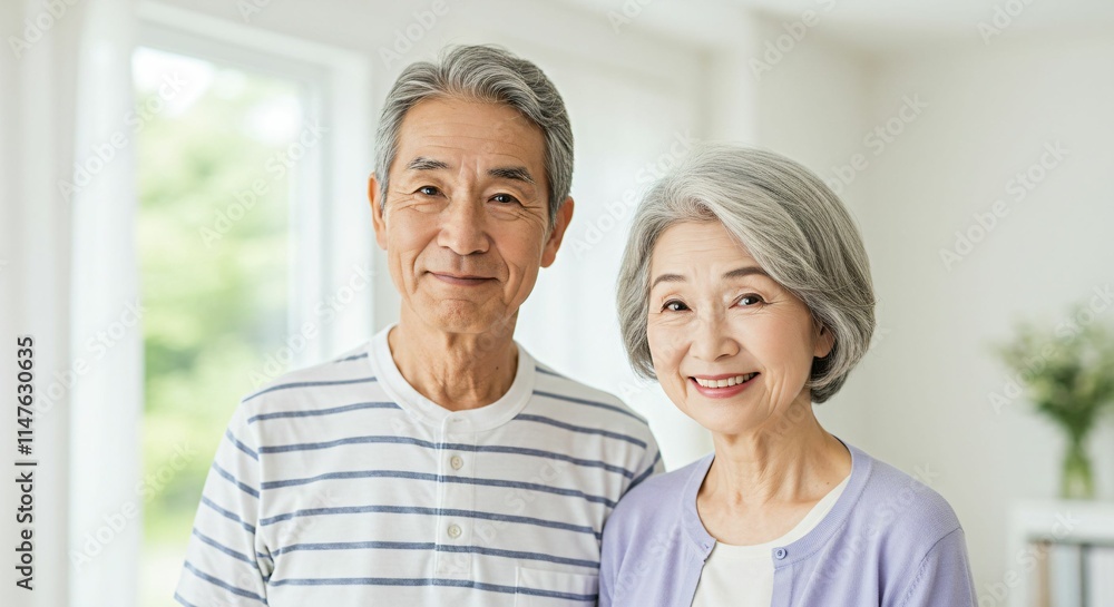 Happy Elderly Japanese Couple Smiling in a Bright and Peaceful Home Setting Happy Elderly Japanese Couple Smiling in a Bright and Peaceful Home Setting