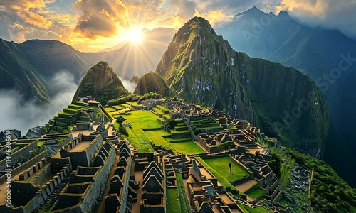 A breathtaking view of Machu Picchu at sunrise, showcasing ancient ruins.