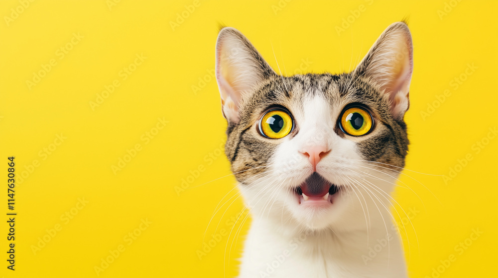 Surprised cat making big eyes closeup isolated on yellow background Surprised cat making big eyes closeup isolated on yellow background