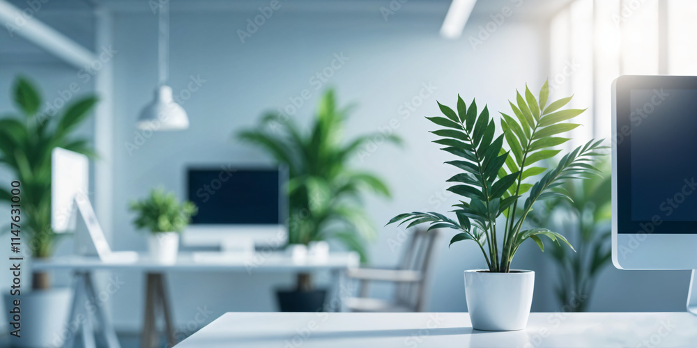 Blurred modern office with plants, highlighting the serene and eco-friendly workspace Blurred modern office with plants, highlighting the serene and eco-friendly workspace
