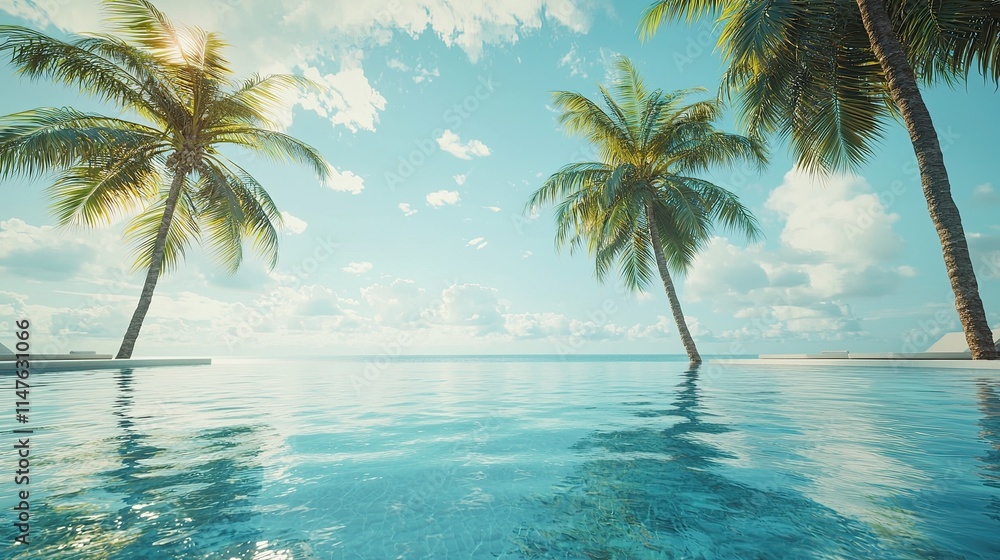 Idyllic Tropical Pool Palm Trees Ocean Summer Vacation Idyllic Tropical Pool Palm Trees Ocean Summer Vacation