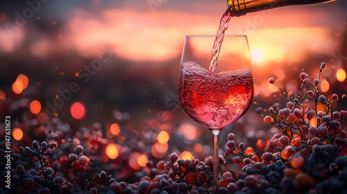 Elegance in Every Pour, Watching Rosé Wine Gracefully Fill a Glass, Capturing the Essence of Refined Taste,すべての注ぎにある優雅さ、ロゼワインがグラスを優雅に満たす様子を見守り、洗練された味わいの本質を捉える.Generative AI photo