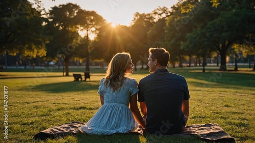 Young couple happy and sitting park. Green and yellow grass in the background.