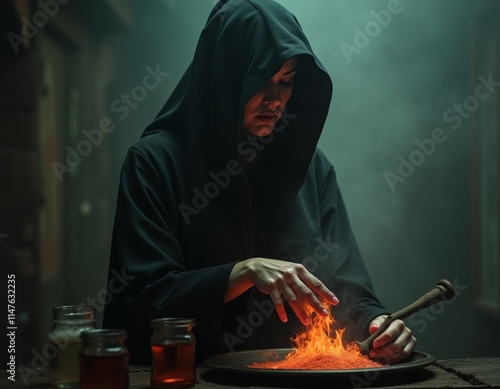 Witch making a potion. Myst...