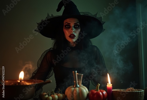 Witch making a potion. Myst...