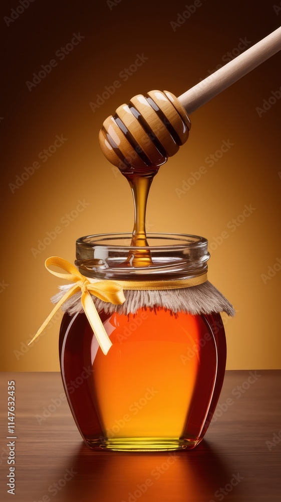 Jar of honey with a wooden spoon sticking out of it Jar of honey with a wooden spoon sticking out of it