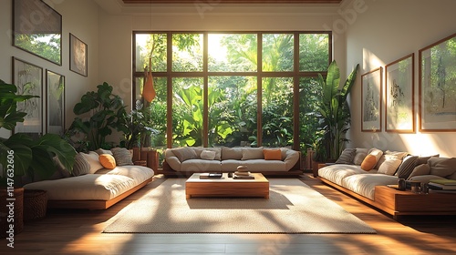 Wallpaper Mural Modern minimalist living room with large windows and lush greenery. Concept of tranquility, relaxation, and nature inspired design. Torontodigital.ca